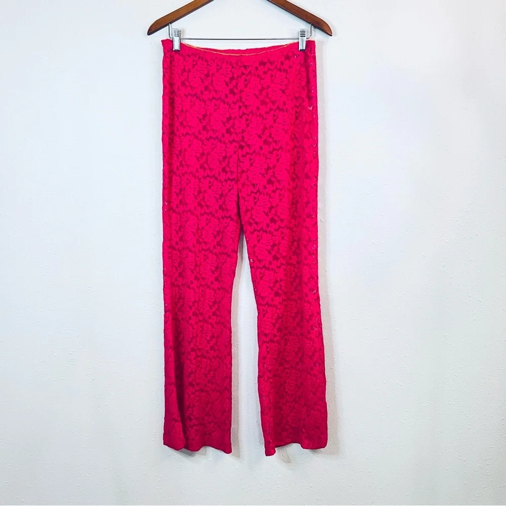 Free People All Day Lace Women’s Fuchsia Sheer Flare Coquette Pants Sz L NEW